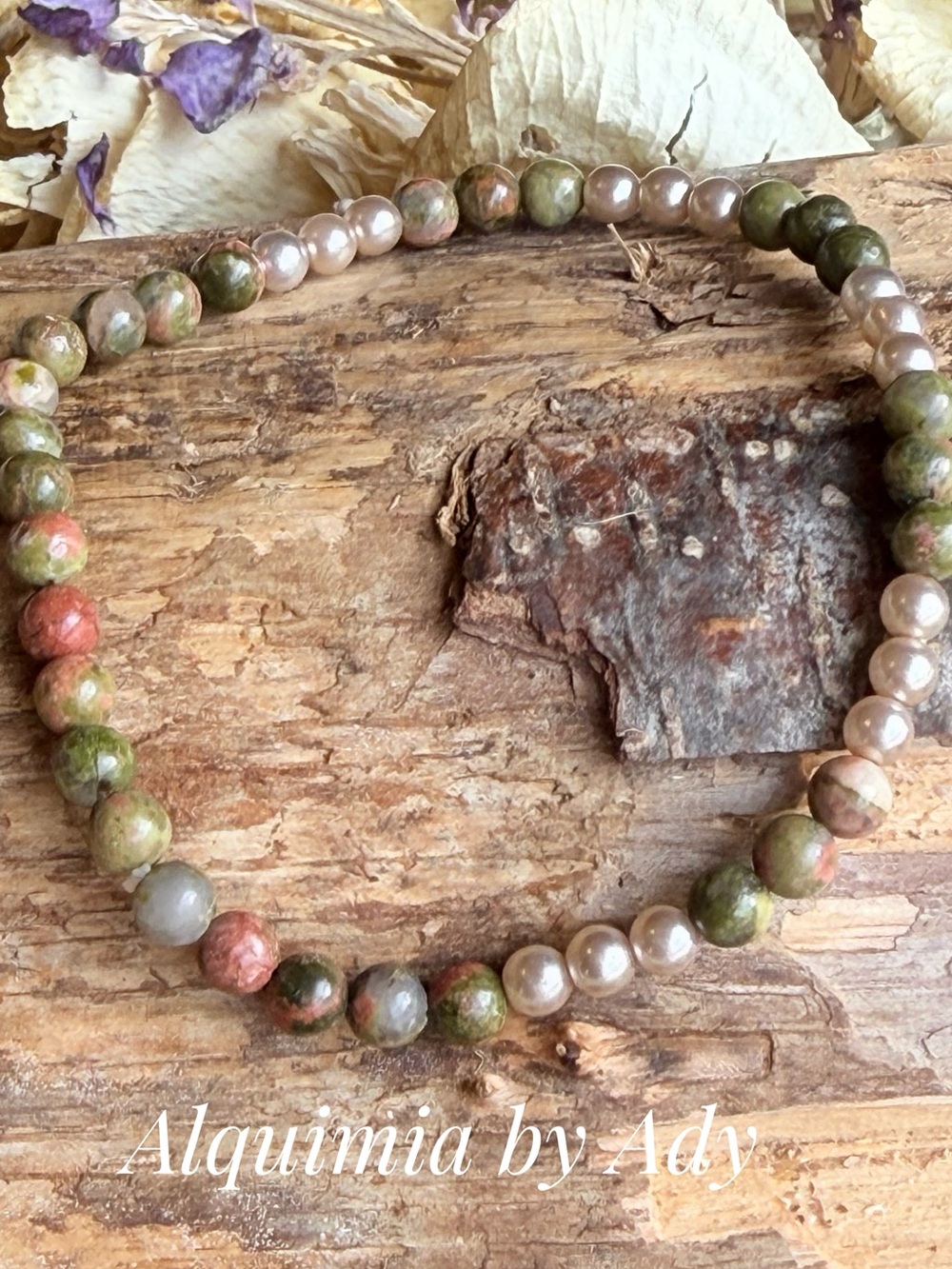 Dainty beaded unakite bracelet + Olive green + beige baroque pearls